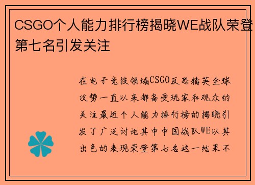 CSGO个人能力排行榜揭晓WE战队荣登第七名引发关注